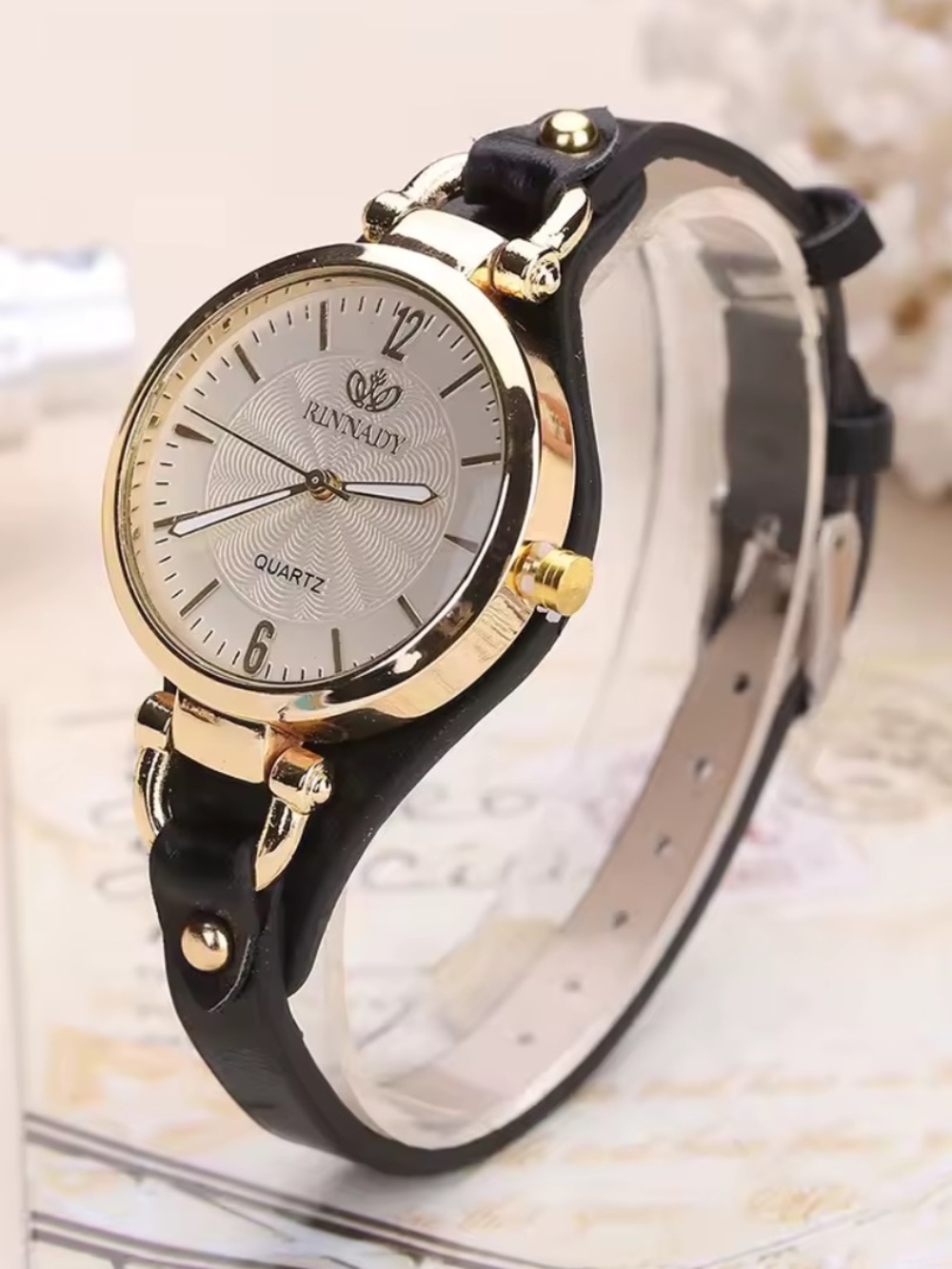 Anthropologie Gold-Tone Round Watch with Black Strap